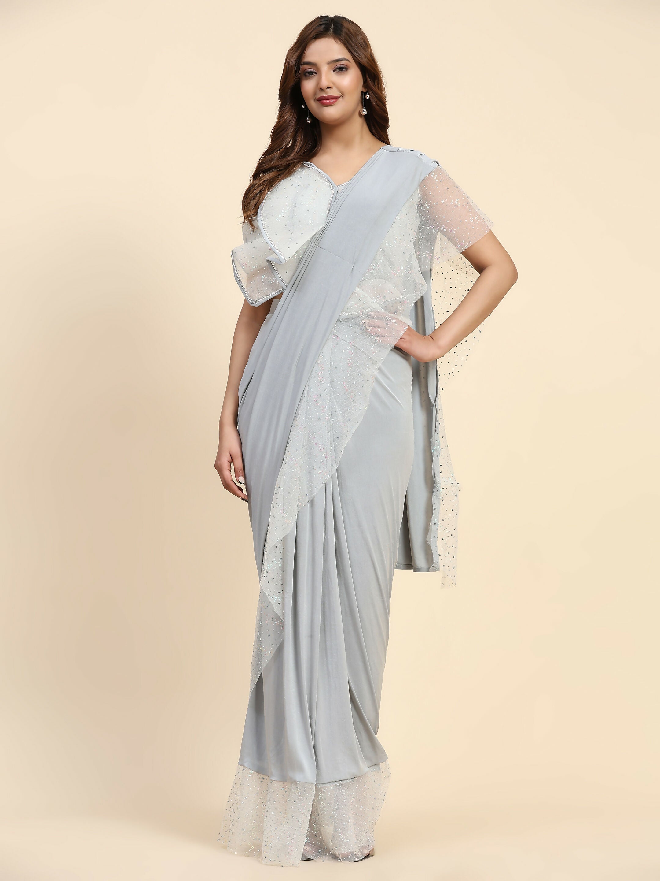 Light Grey Lycra Solid Ready to Wear Saree with stitched Blouse - Nita