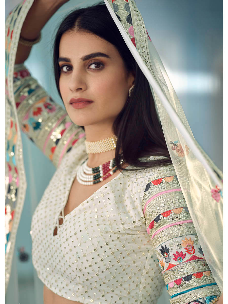Myra White Gorgette Embroidered Lehenga