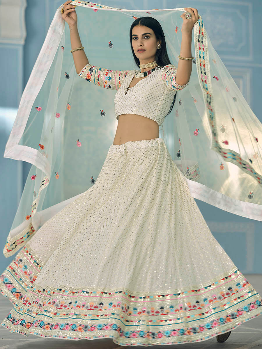 Myra White Gorgette Embroidered Lehenga