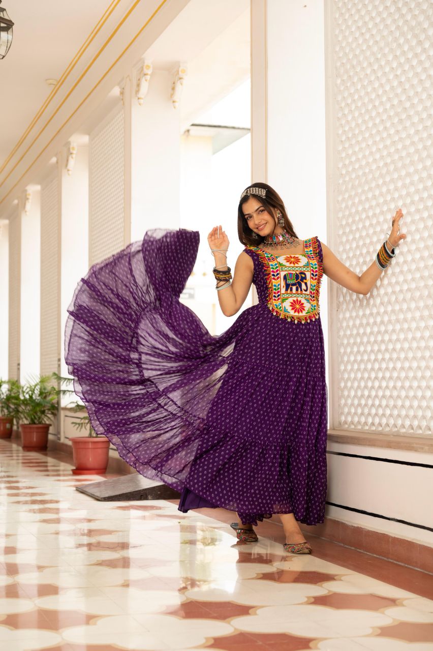 Prazu Fashion Purple Georgette Bandhani Print Work With Kutchi Patch work Navaratri Gown