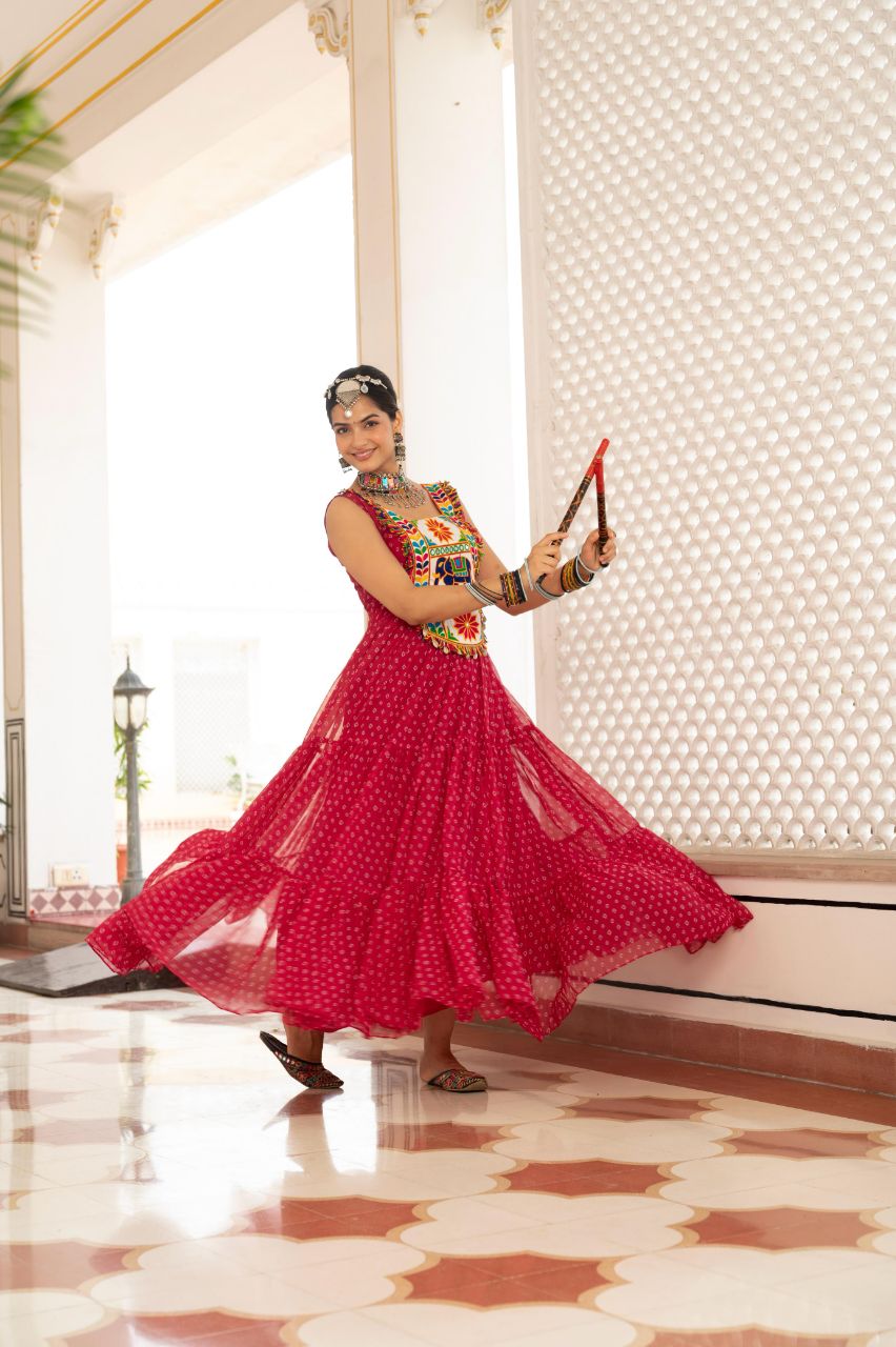 Prazu Fashion Red Georgette Bandhani Print Work With Kutchi Patch work Navaratri Gown