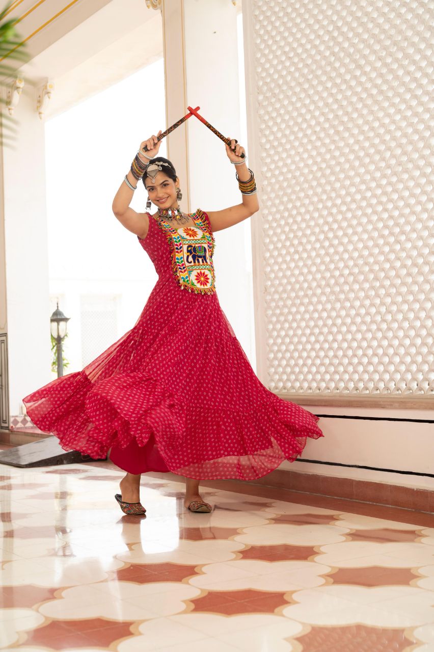 Prazu Fashion Red Georgette Bandhani Print Work With Kutchi Patch work Navaratri Gown
