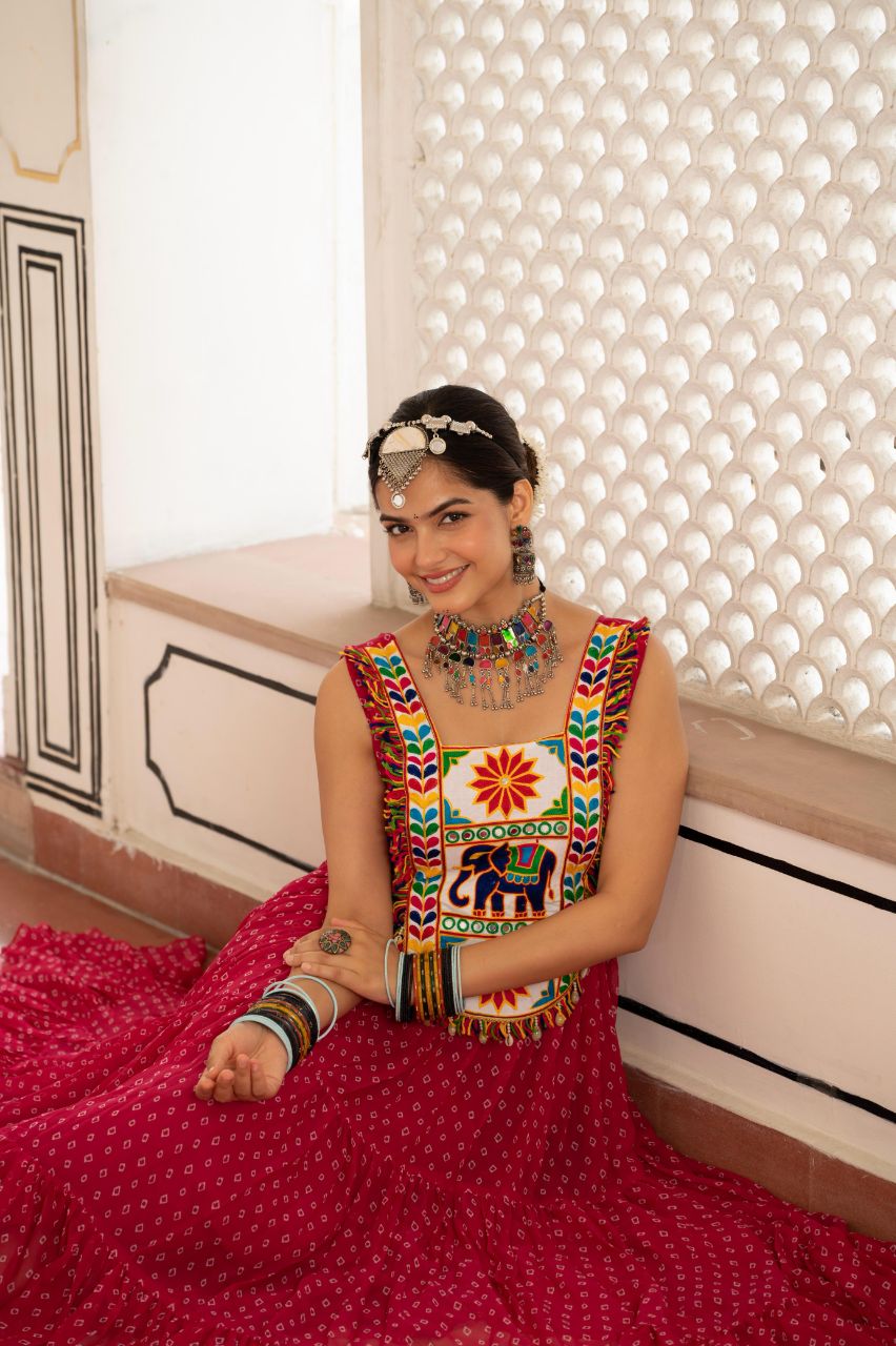 Prazu Fashion Red Georgette Bandhani Print Work With Kutchi Patch work Navaratri Gown