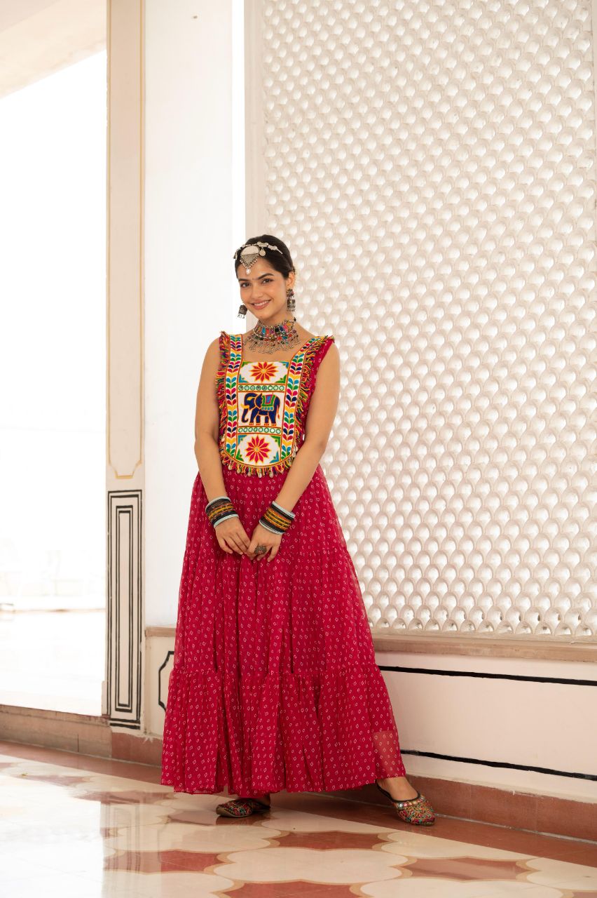 Prazu Fashion Red Georgette Bandhani Print Work With Kutchi Patch work Navaratri Gown