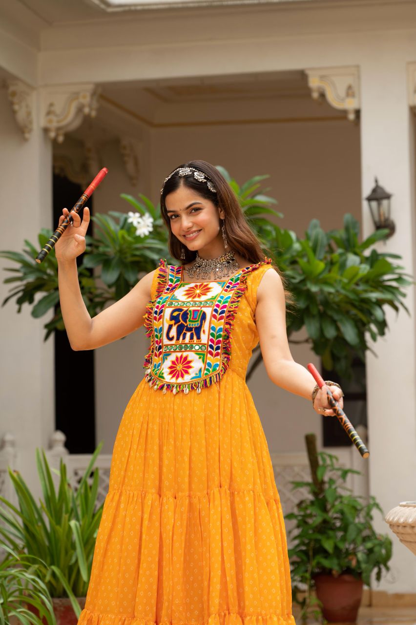 Prazu Fashion Yellow Georgette Bandhani Print Work With Kutchi Patch work Navaratri Gown
