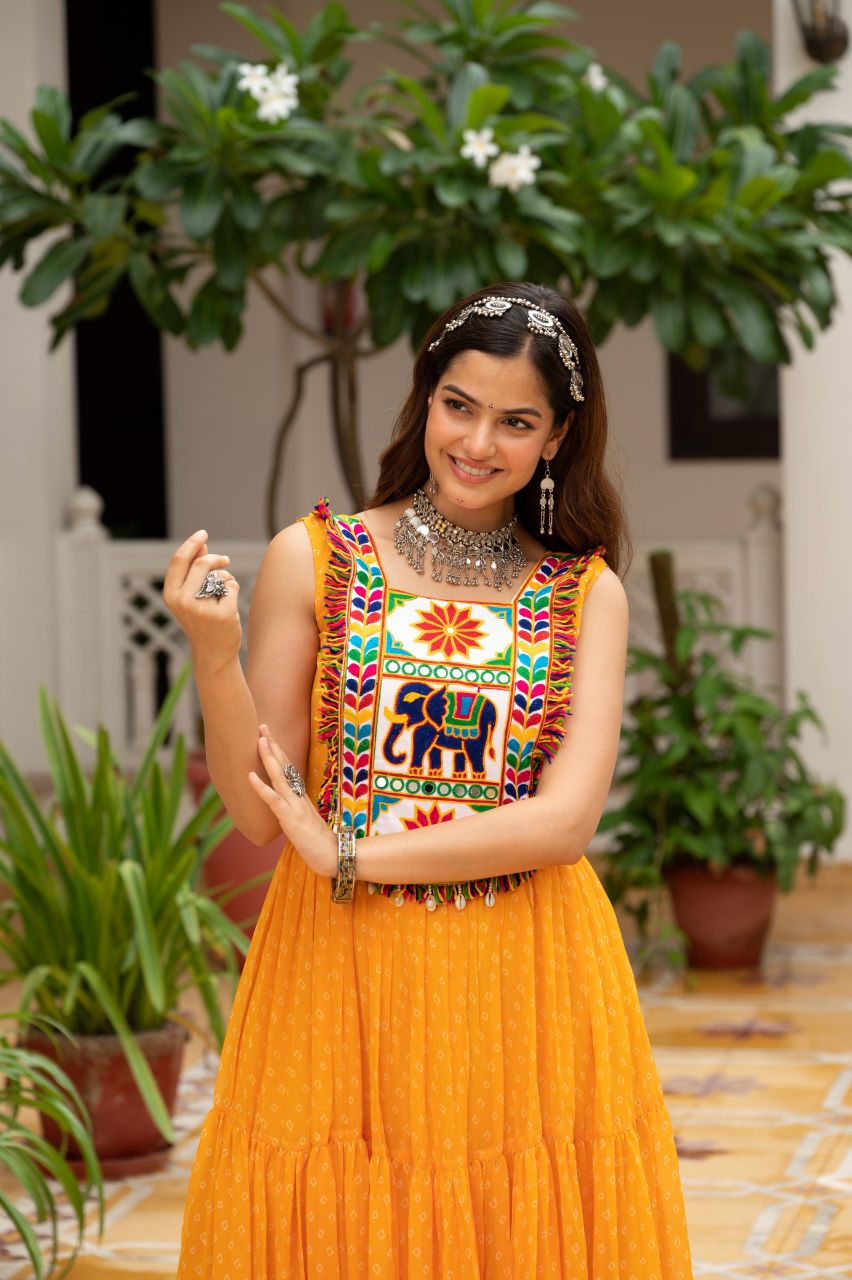 Prazu Fashion Yellow Georgette Bandhani Print Work With Kutchi Patch work Navaratri Gown