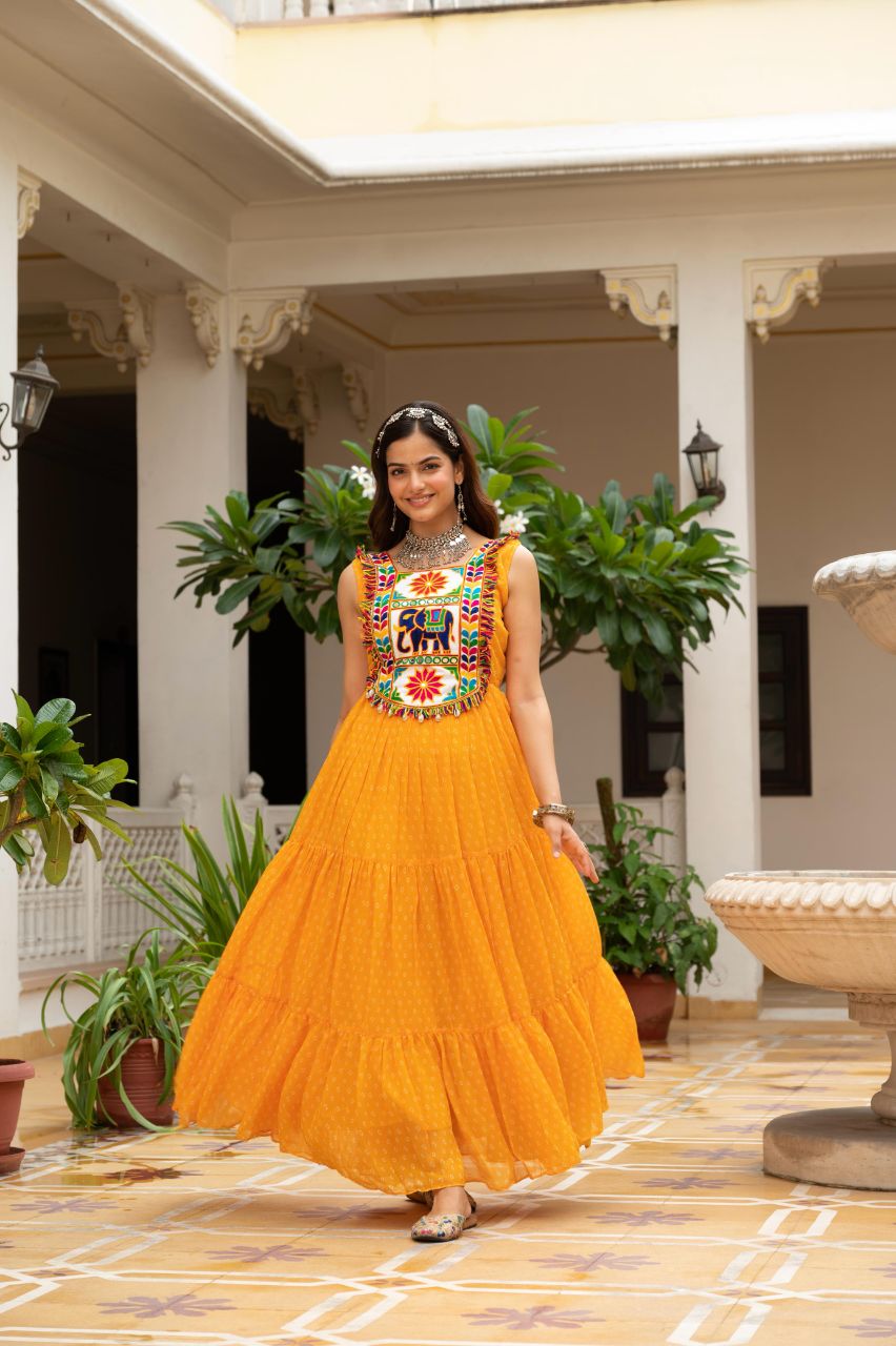 Prazu Fashion Yellow Georgette Bandhani Print Work With Kutchi Patch work Navaratri Gown