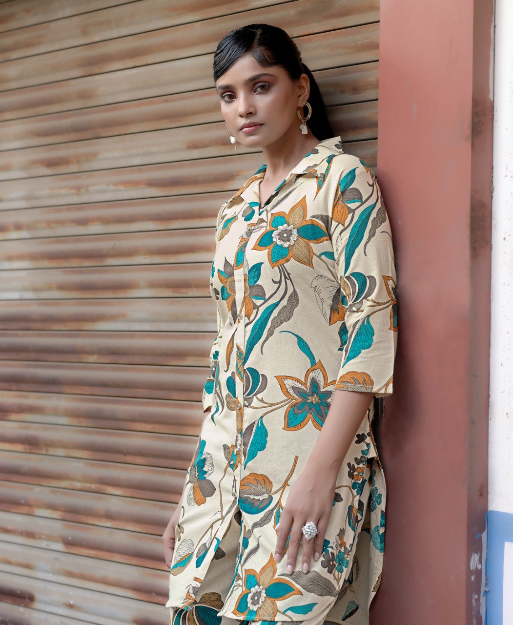 Prazu Fashion Cream Khadi Cotton Floral Printed Co-Ord Set