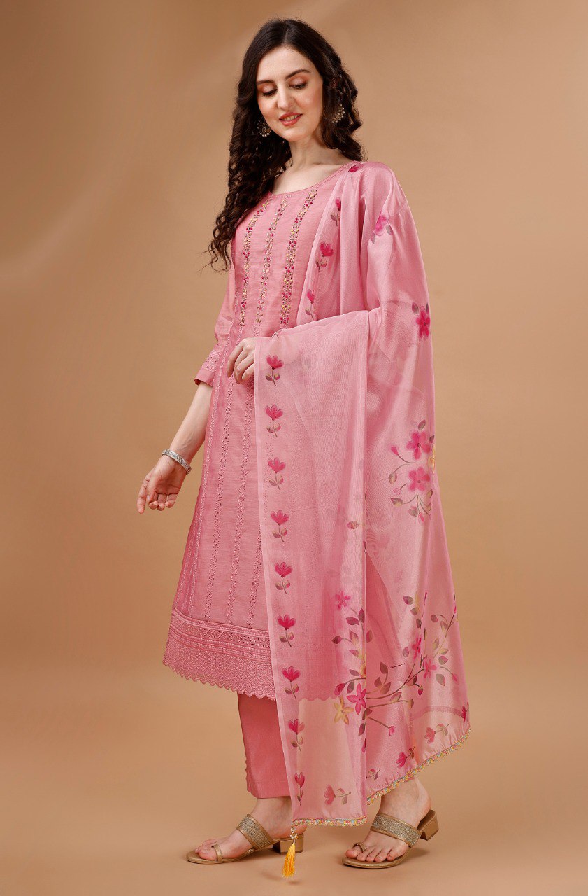 Prazu Fashion Preach Chanderi Silk Chikankari Bored Salwar Suit