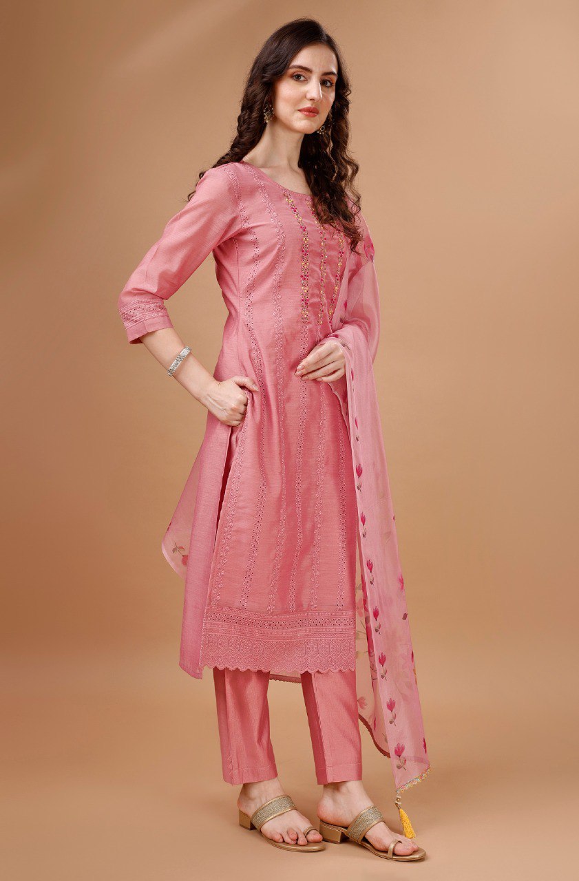 Prazu Fashion Preach Chanderi Silk Chikankari Bored Salwar Suit
