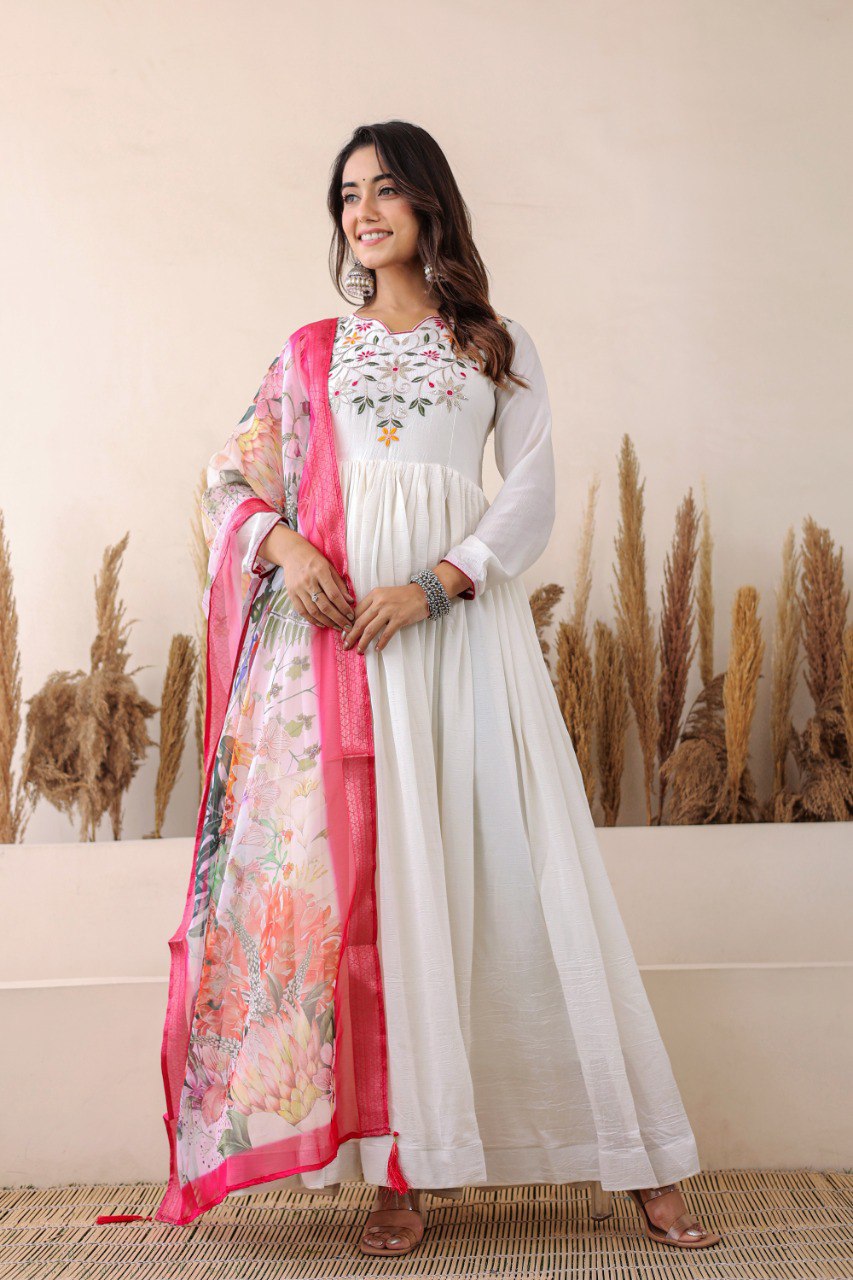 Prazu Fashion White Vichitra Silk Embroidered Gown With Dupatta