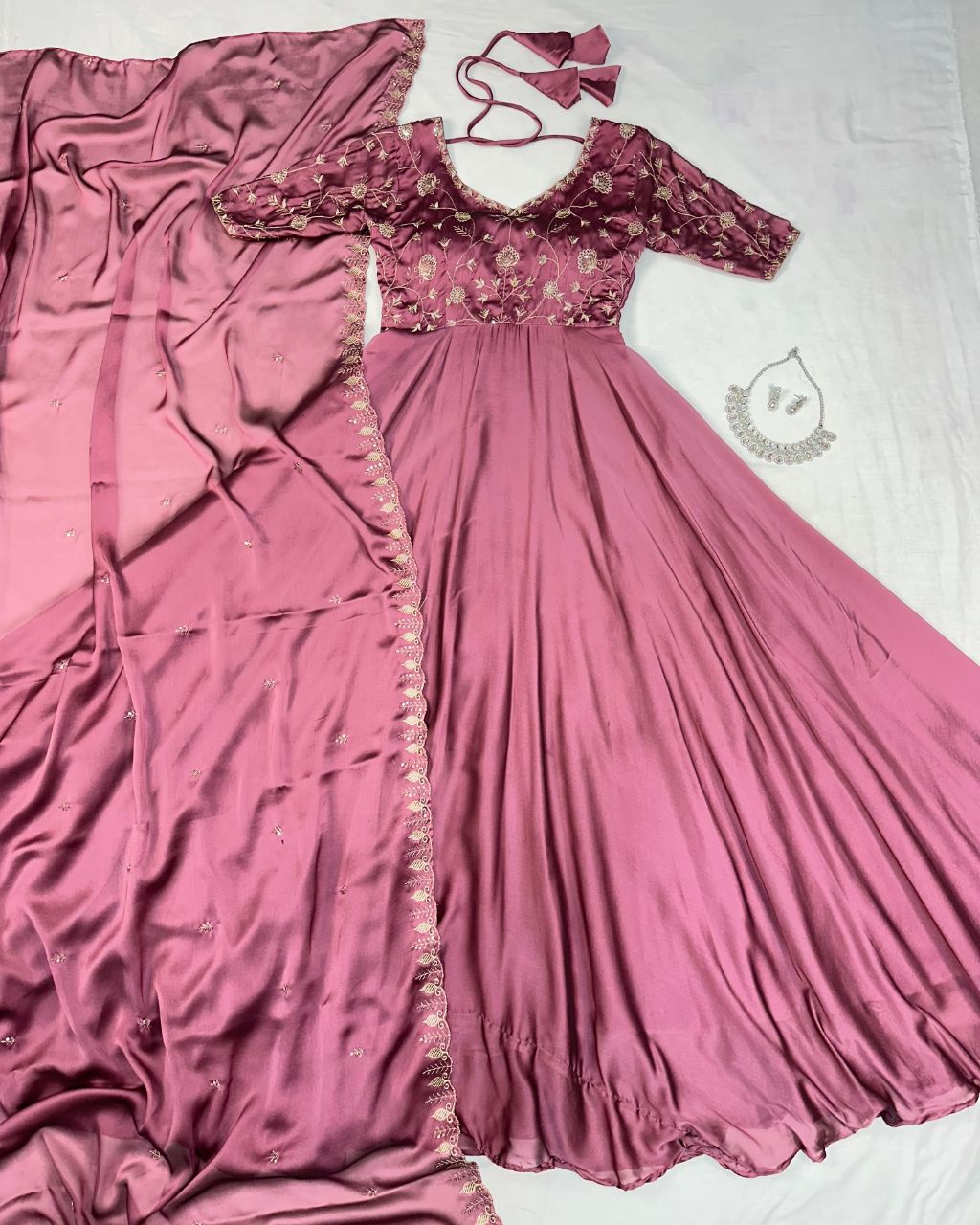 Prazu Fashion Onion Pink Silk Embroidered Gown With Dupatta
