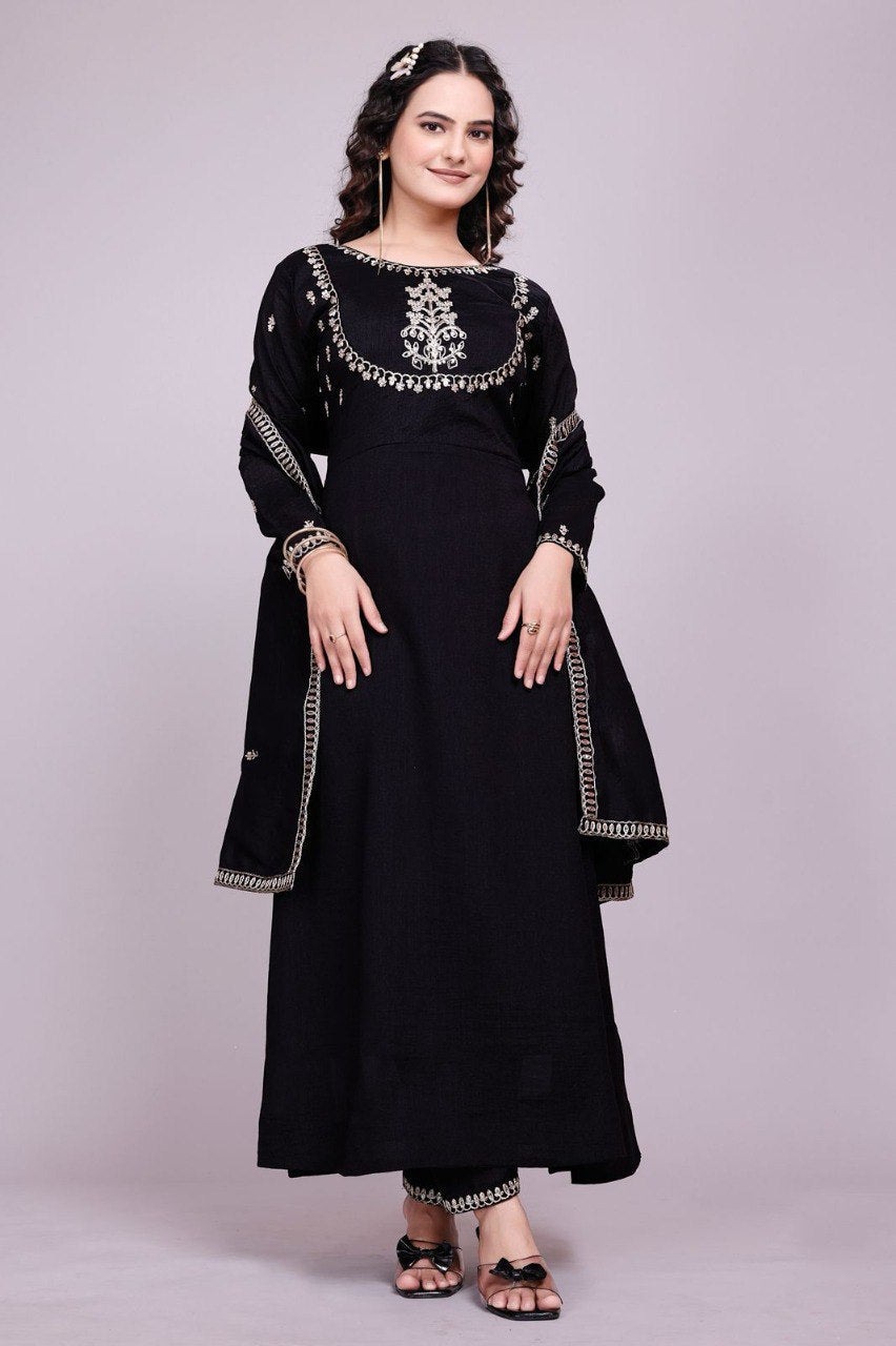 Prazu Fashion Black Vichitra Silk Embroidered Salwar Suit
