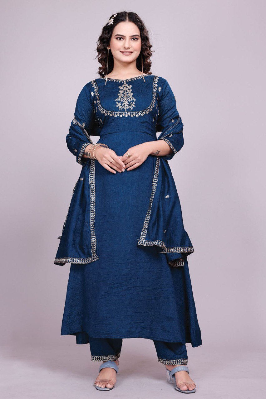 Prazu Fashion Blue Vichitra Silk Embroidered Salwar Suit