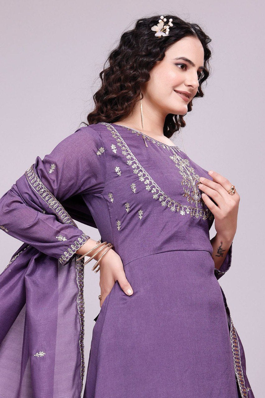 Prazu Fashion Lavender Vichitra Silk Embroidered Salwar Suit