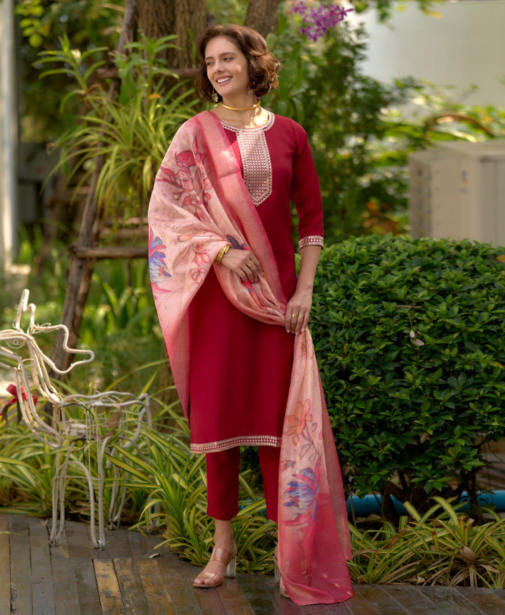 Prazu Fashion Maroon Viscose Rayon Embroidered Straight Kurta Set