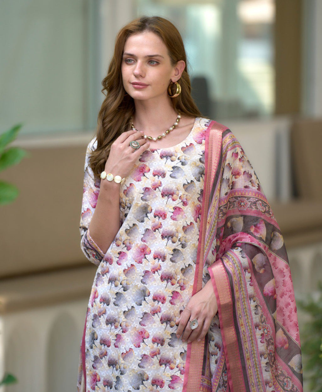 Prazu Fashion Off White Cotton Leaf Embroidered Kurta Set