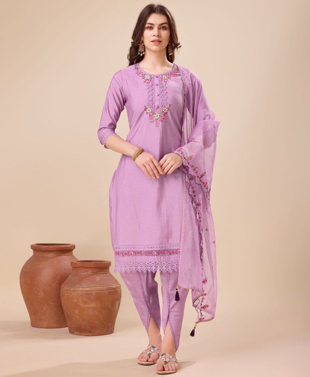 Prazu Fashion Lavender Viscose Silk Embroidered Kurta Set With Dhoti Pant