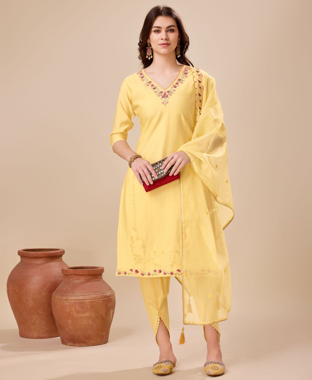 Prazu Fashion Yellow Viscose Silk Embroidered Kurta Set With Dhoti Pant