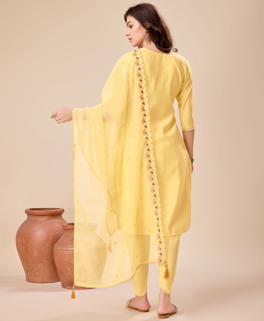 Prazu Fashion Yellow Viscose Silk Embroidered Kurta Set With Dhoti Pant