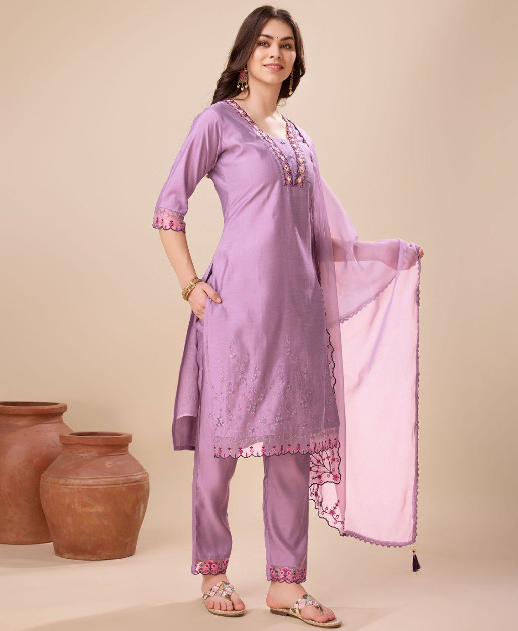Prazu Fashion Lavender Viscose Silk Embroidered Kurta Set