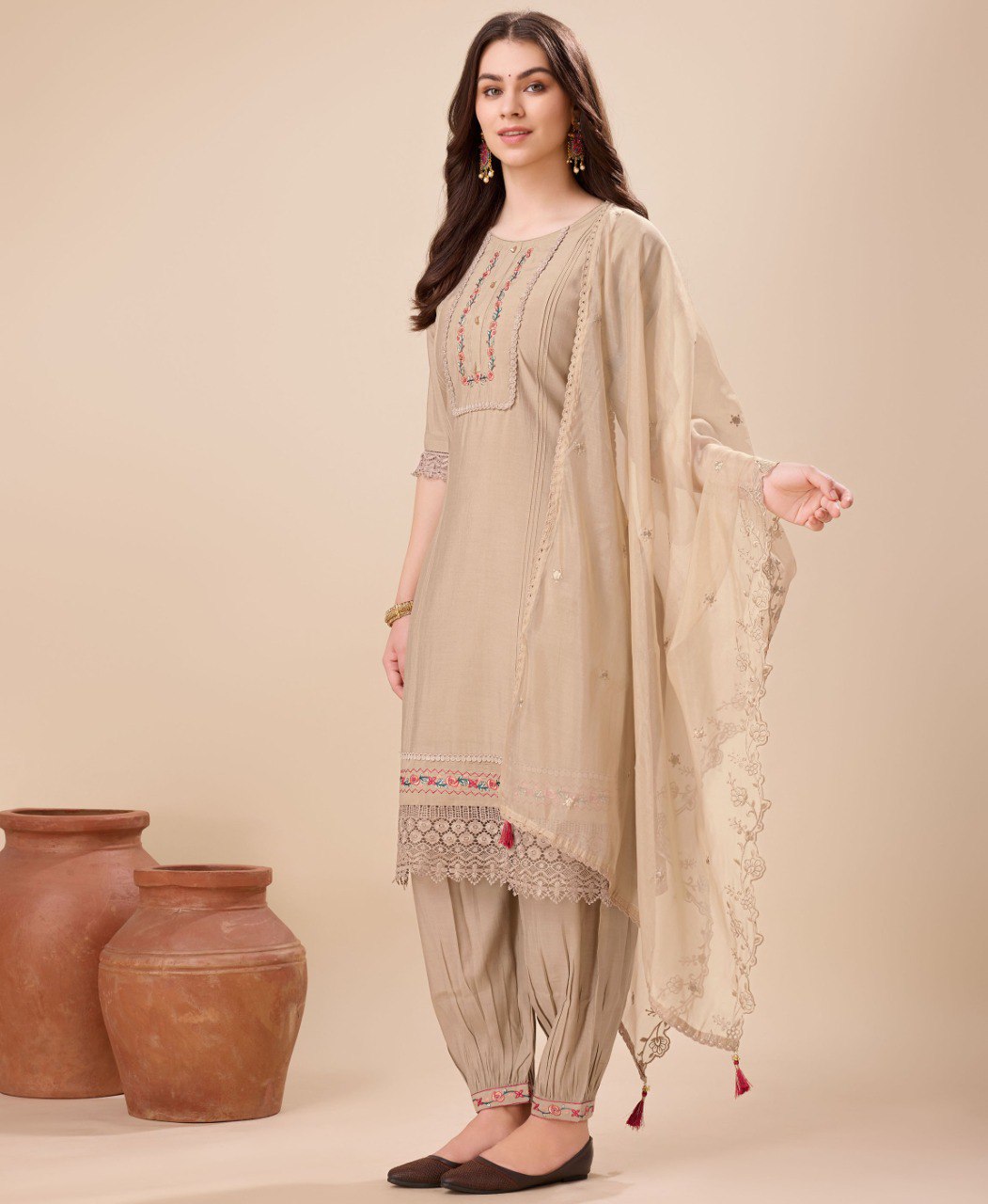 Prazu Fashion Beige Viscose Silk Embroidered Kurta Set With Afghani Salwar