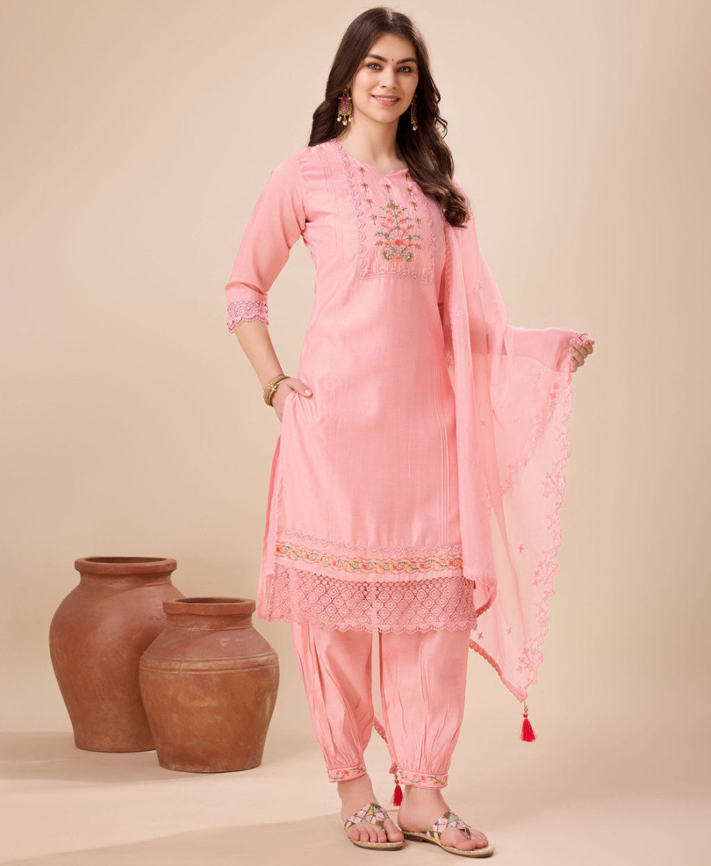 Prazu Fashion Peach Viscose Silk Embroidered Kurta Set With Afghani Salwar