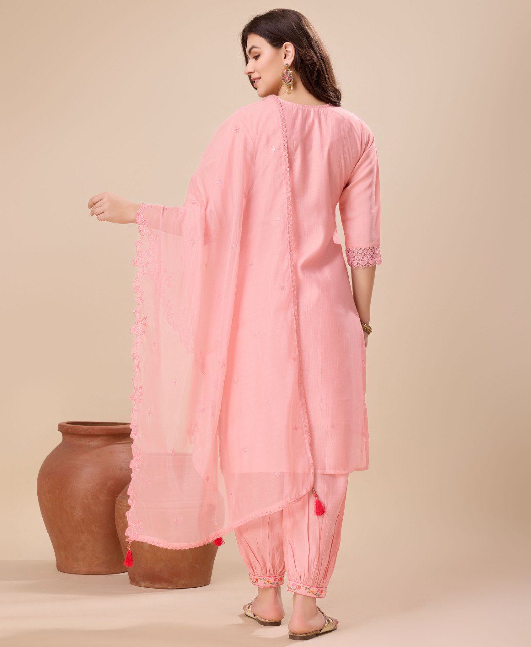 Prazu Fashion Peach Viscose Silk Embroidered Kurta Set With Afghani Salwar