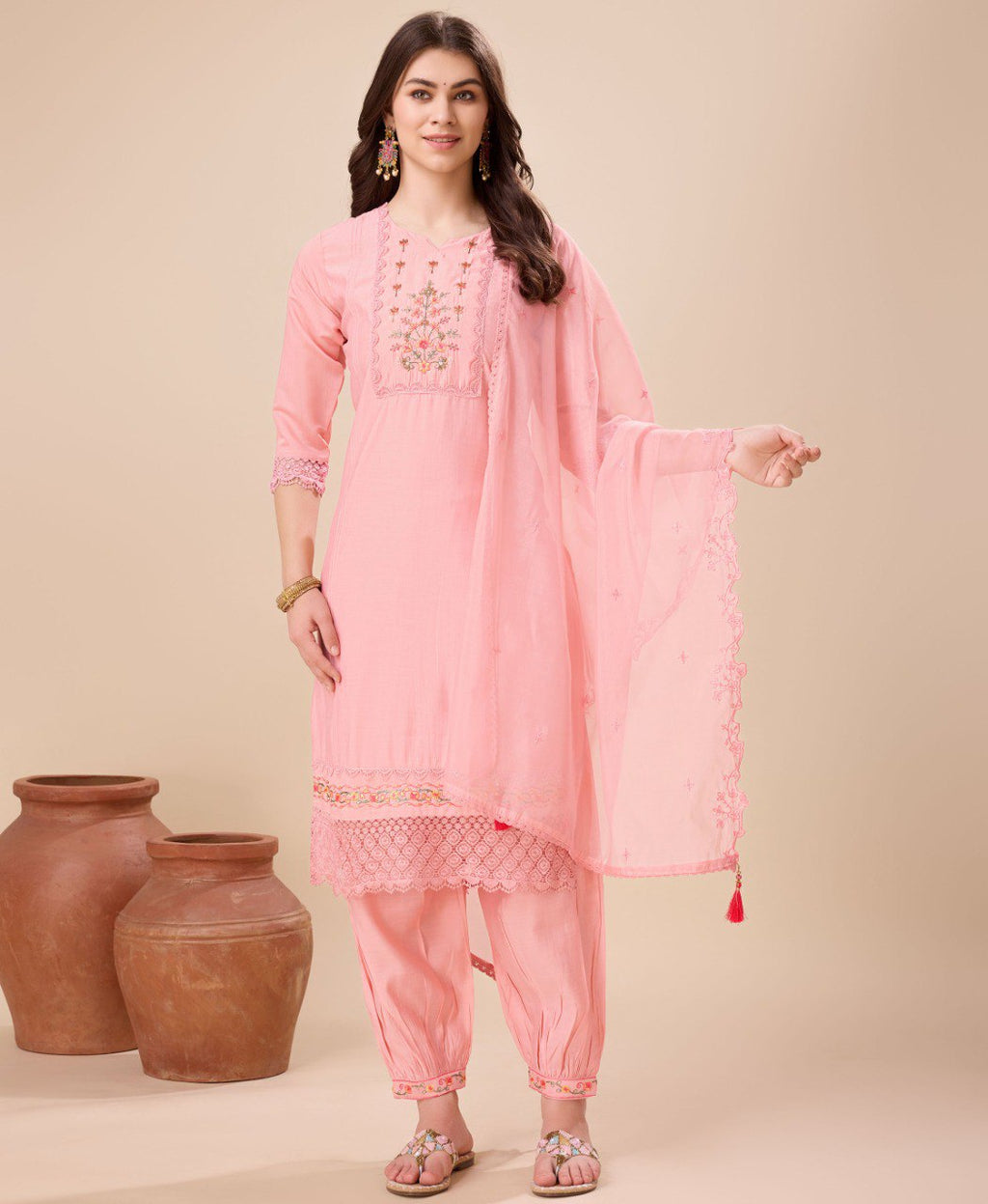 Prazu Fashion Peach Viscose Silk Embroidered Kurta Set With Afghani Salwar