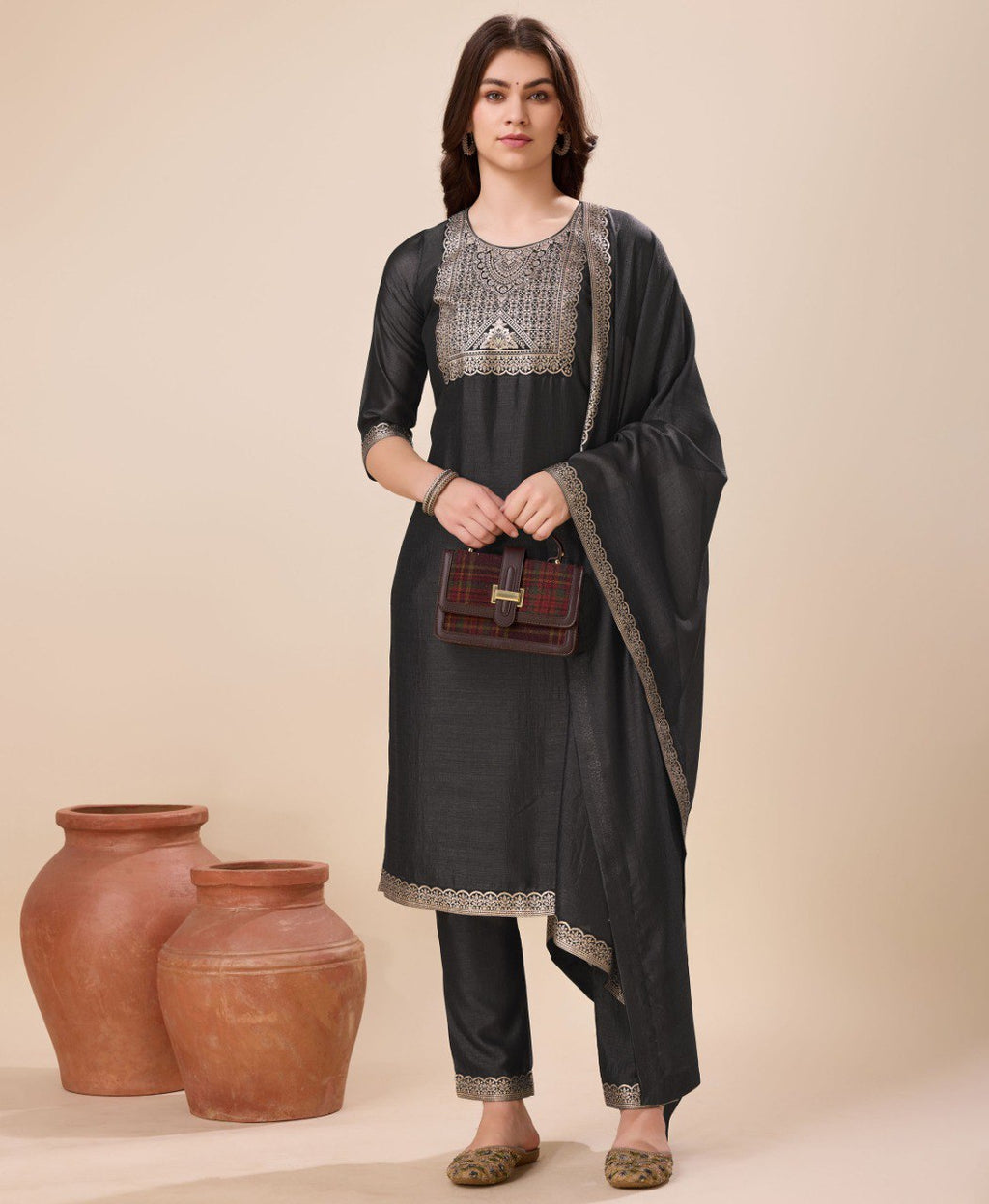 Prazu Fashion Black Vichitra Silk Jacquard Salwar Suit