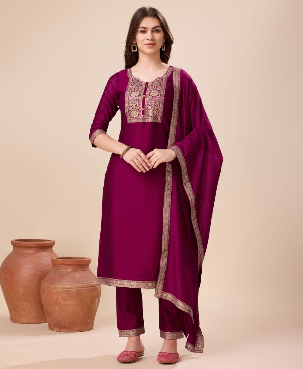 Prazu Fashion Wine Vichitra Silk Jacquard Salwar Suit