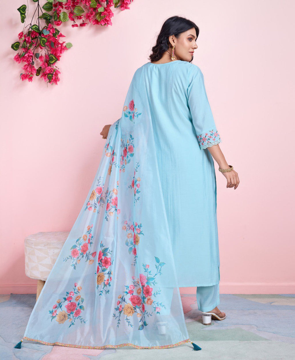 Prazu Fashion Sky Blue Viscose Silk Embroidered Kurta Set