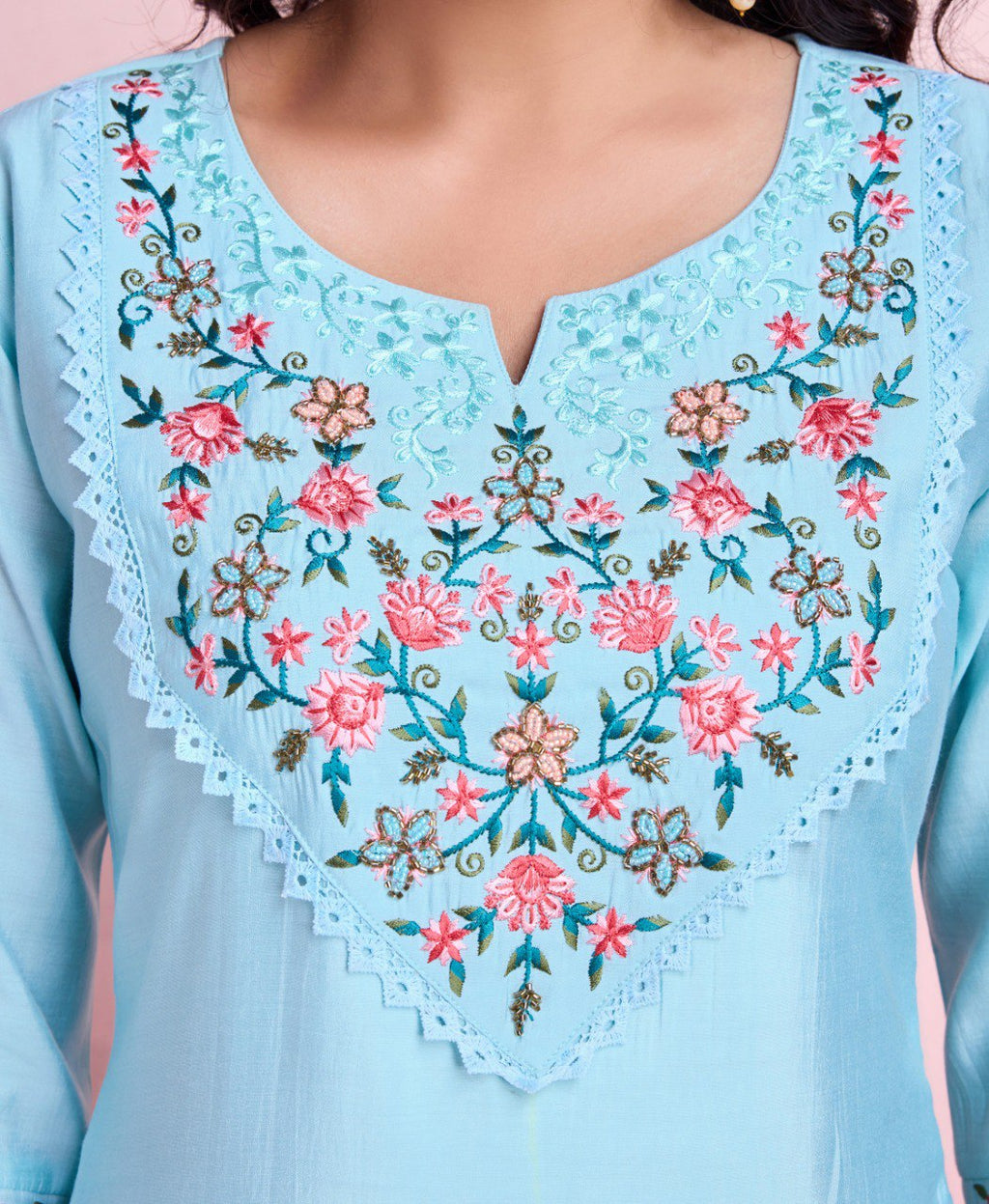 Prazu Fashion Sky Blue Viscose Silk Embroidered Kurta Set