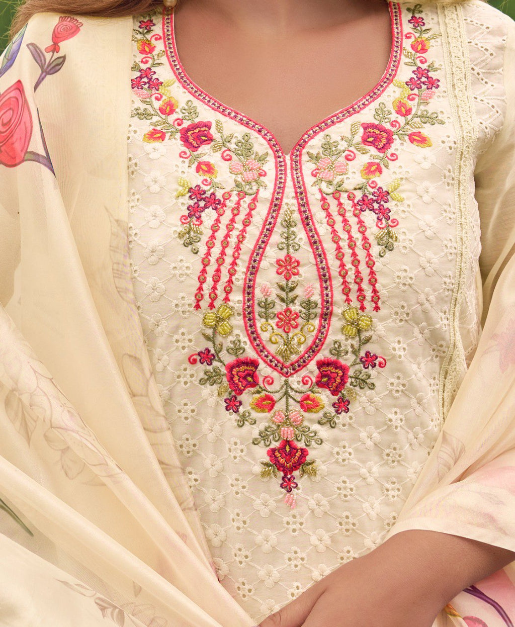Prazu Fashion Off-White Chanderi Silk Chikankari Embroidered Kurta Set