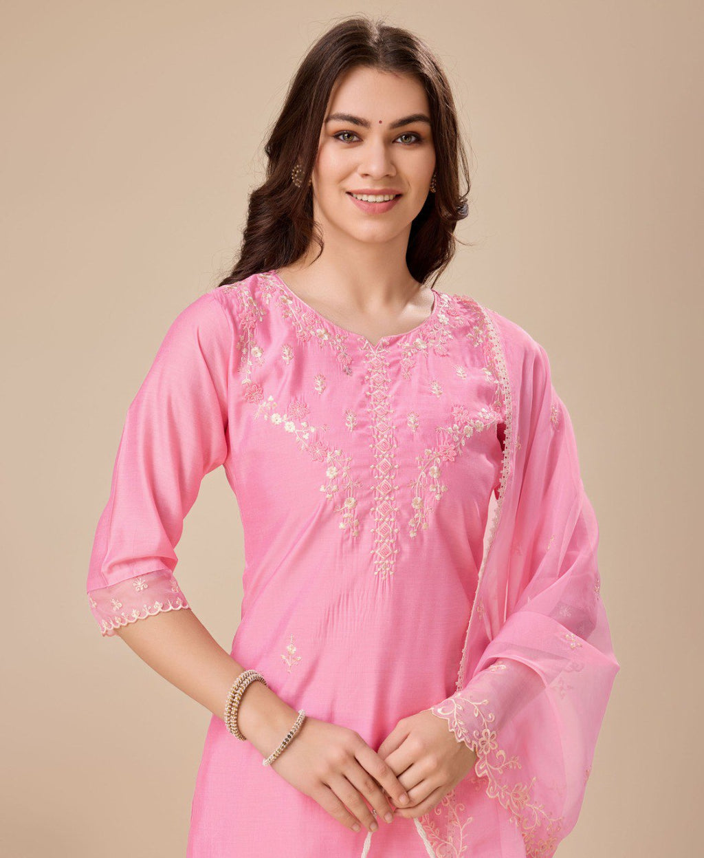 Prazu Fashion Pink Viscose Silk Embroidered Kurta Set
