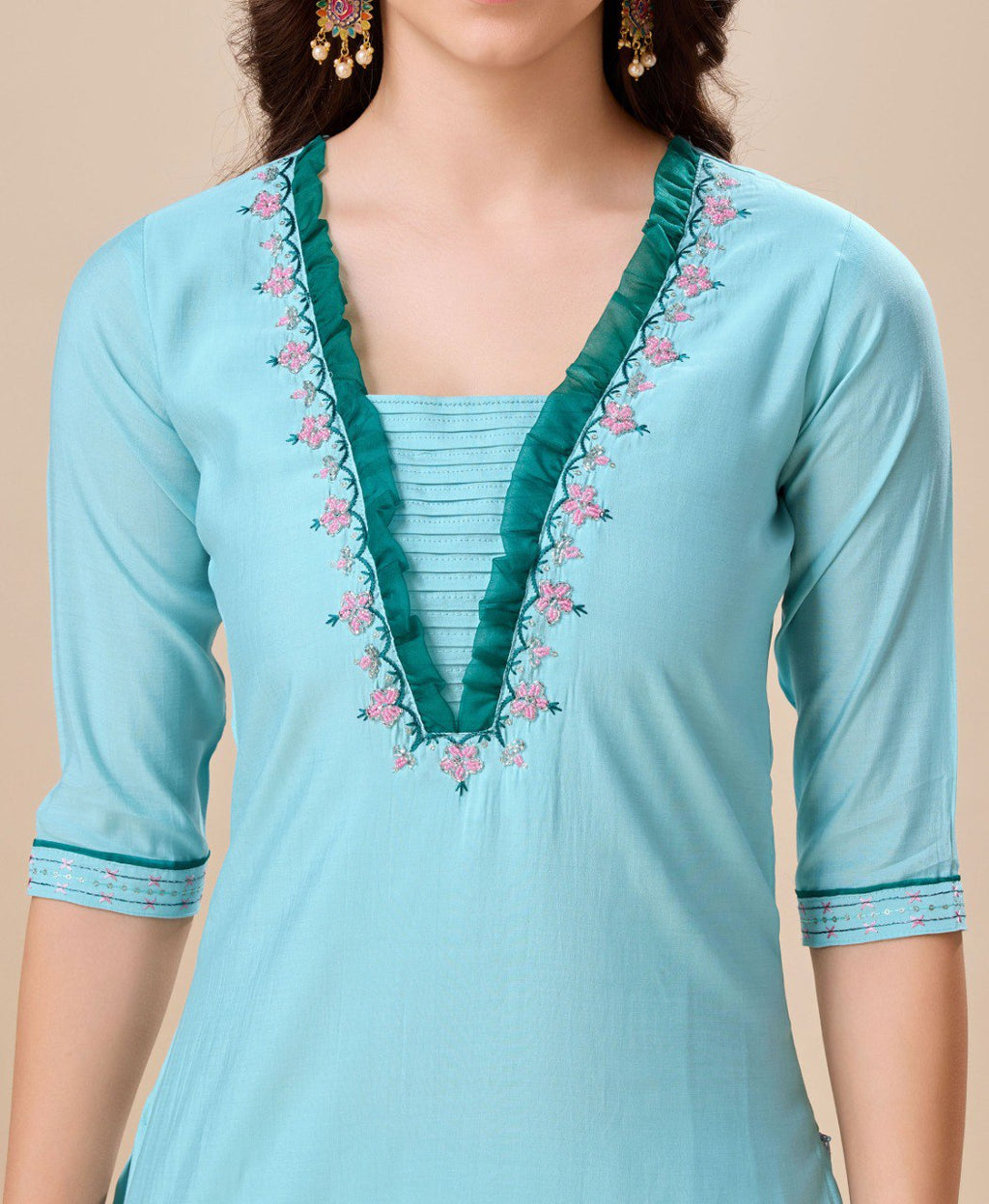 Prazu Fashion Sky Blue Viscose Silk Embroidered Kurta Set