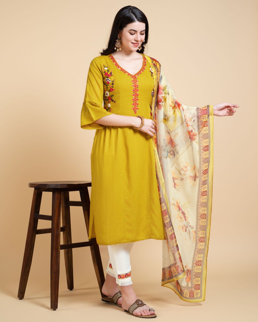Prazu Fashion Yellow Reyon Embroidered Kurta Set