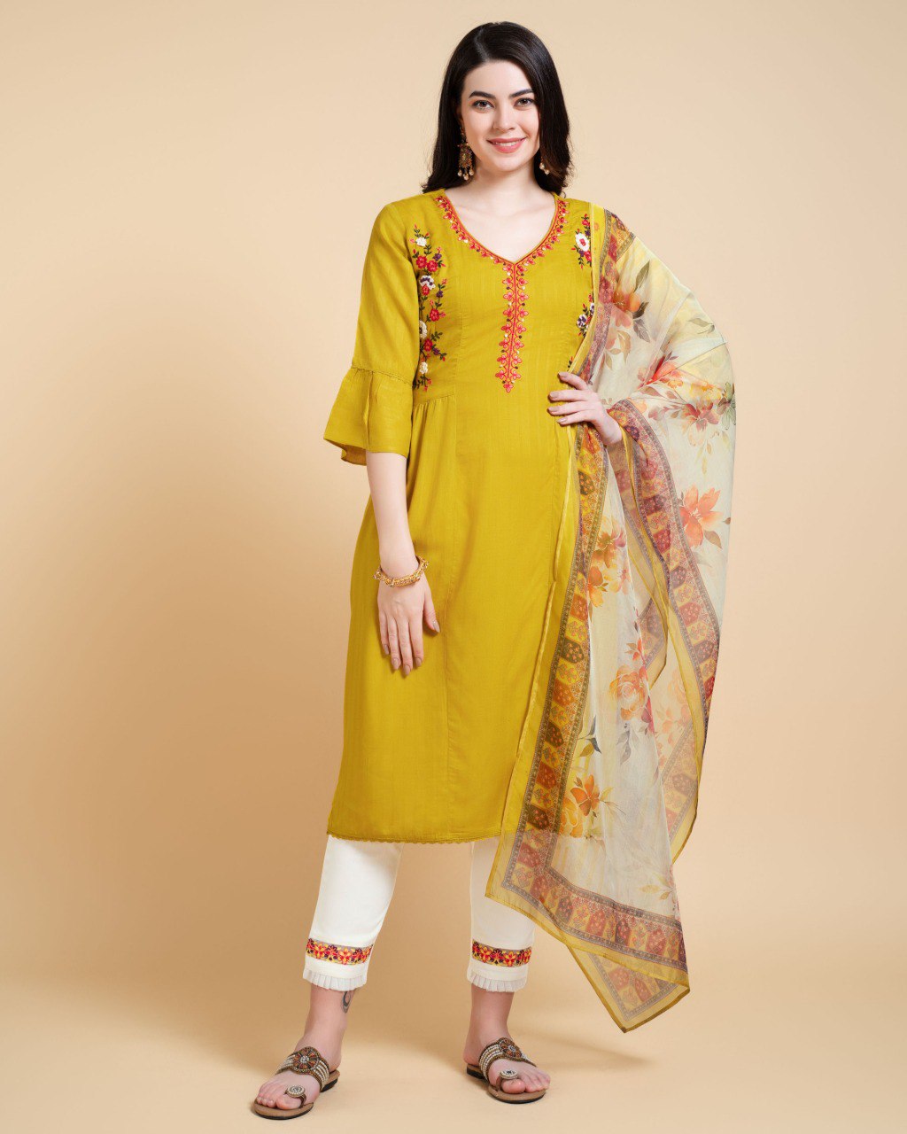 Prazu Fashion Yellow Reyon Embroidered Kurta Set