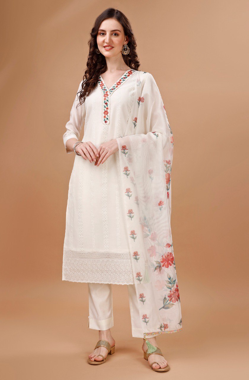 Prazu Fashion Off White Chanderi Silk Embroidered Kurta Set