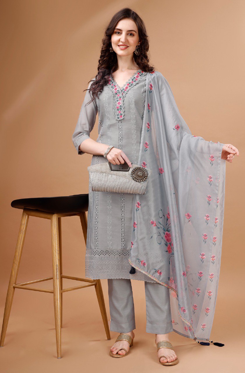 Prazu Fashion Light Grey Chanderi Silk Chikankari Kurta Set