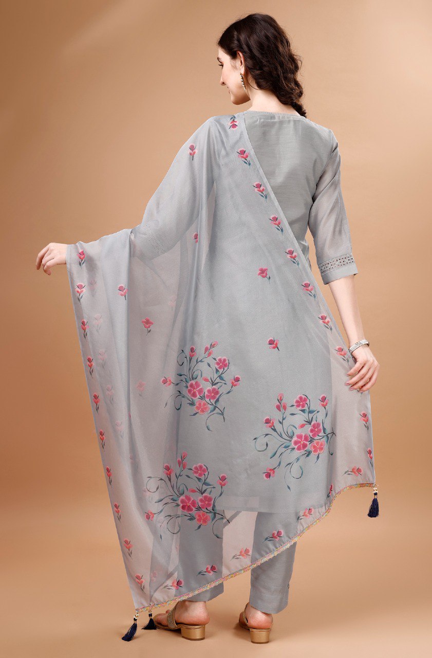 Prazu Fashion Light Grey Chanderi Silk Chikankari Kurta Set