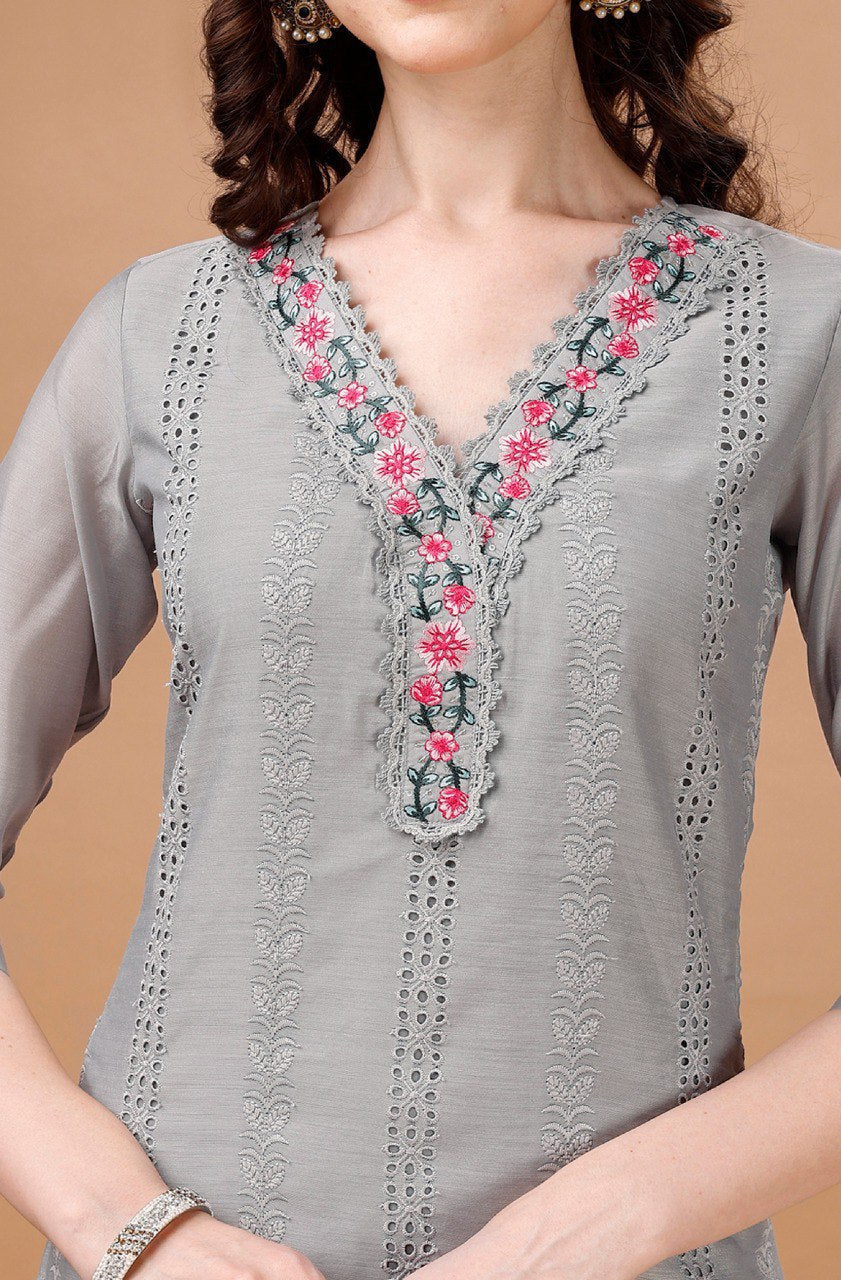 Prazu Fashion Light Grey Chanderi Silk Chikankari Kurta Set