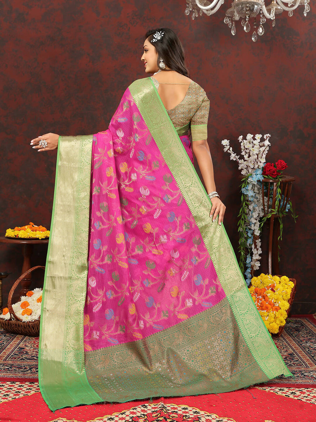 Lorenvalley Fashion Pink Cotton Woven Design Zari Meenakari Weaving Saree