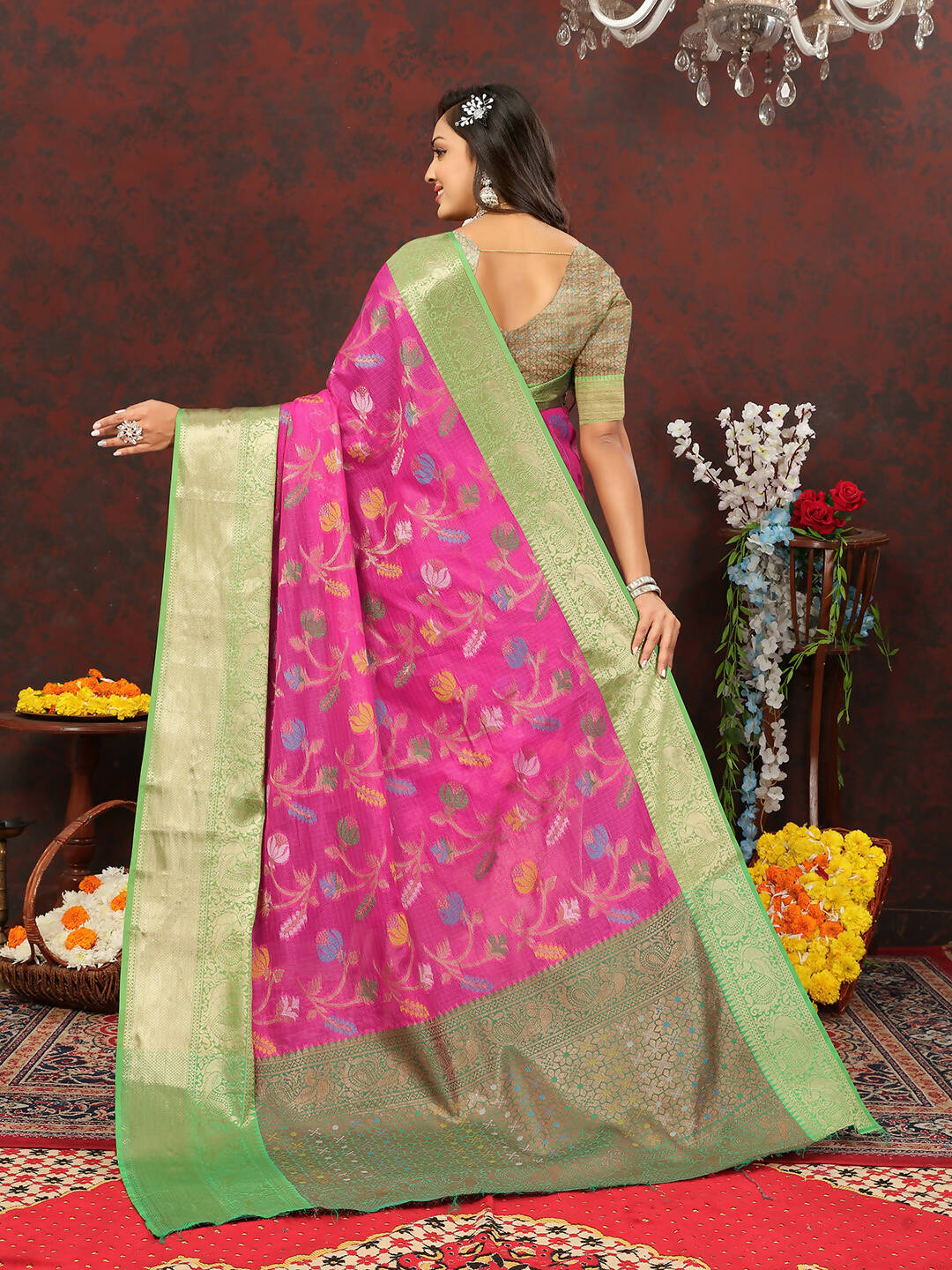 Lorenvalley Fashion Pink Cotton Woven Design Zari Meenakari Weaving Saree
