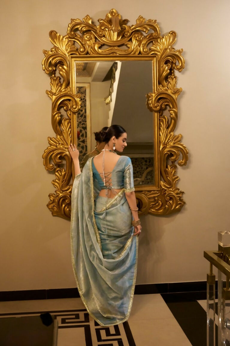 Vastranavya Sea Blue Tissue Shimmer Zari Weaving Work Saree with Unstitched Blouse