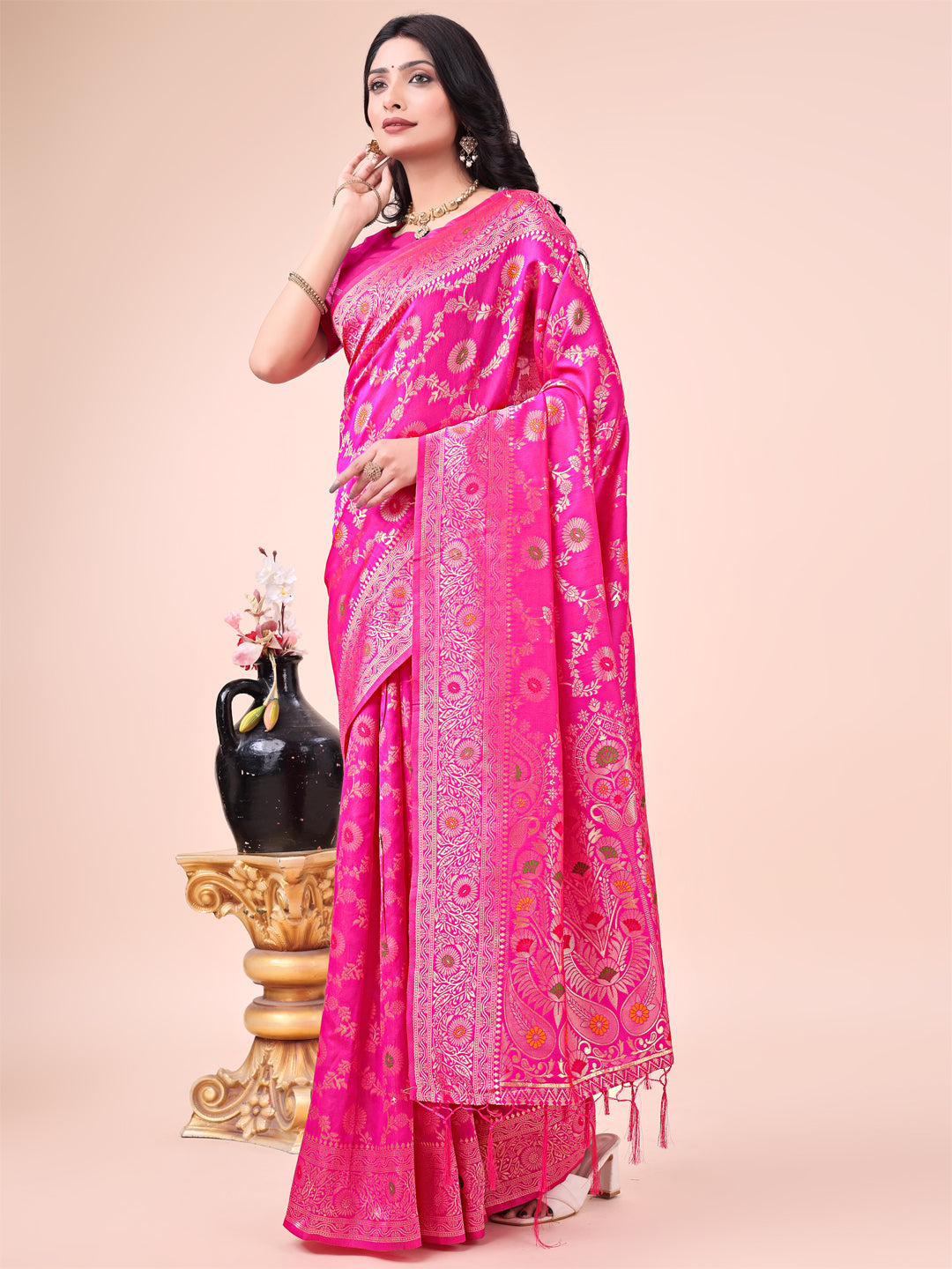Shree Shyam Fashion Pink Banarasi Silk Saree with Floral Zari Weaving - Festive Traditional Elegance for Weddings & Celebrations