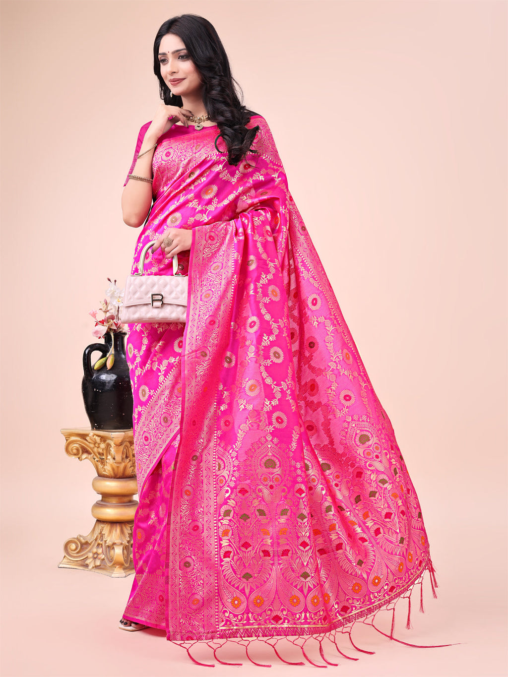 Shree Shyam Fashion Pink Banarasi Silk Saree with Floral Zari Weaving - Festive Traditional Elegance for Weddings & Celebrations