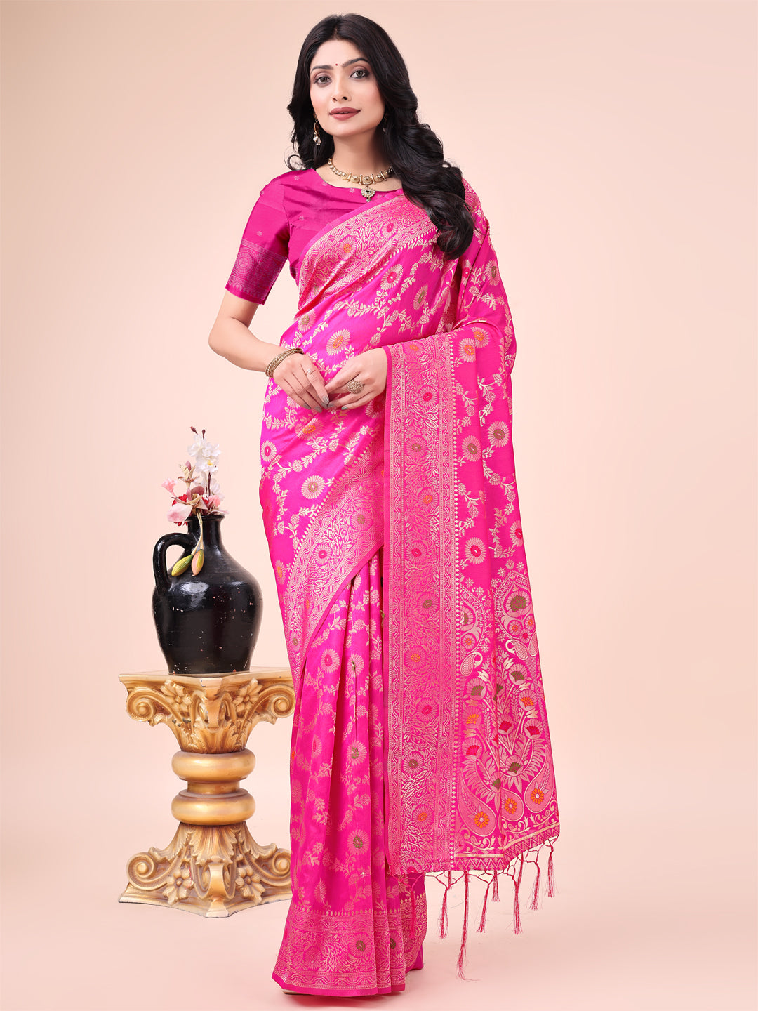 Shree Shyam Fashion Pink Banarasi Silk Saree with Floral Zari Weaving - Festive Traditional Elegance for Weddings & Celebrations