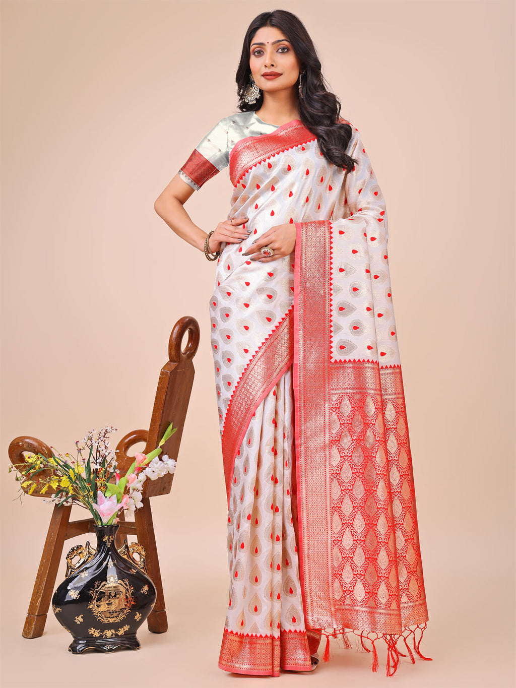 Shree Shyam Fashion Elegant Maroon Banarasi Cotton Saree with Zari Leaf Motifs and Rich Pallu - Traditional Indian Saree for Festive & Wedding Wear