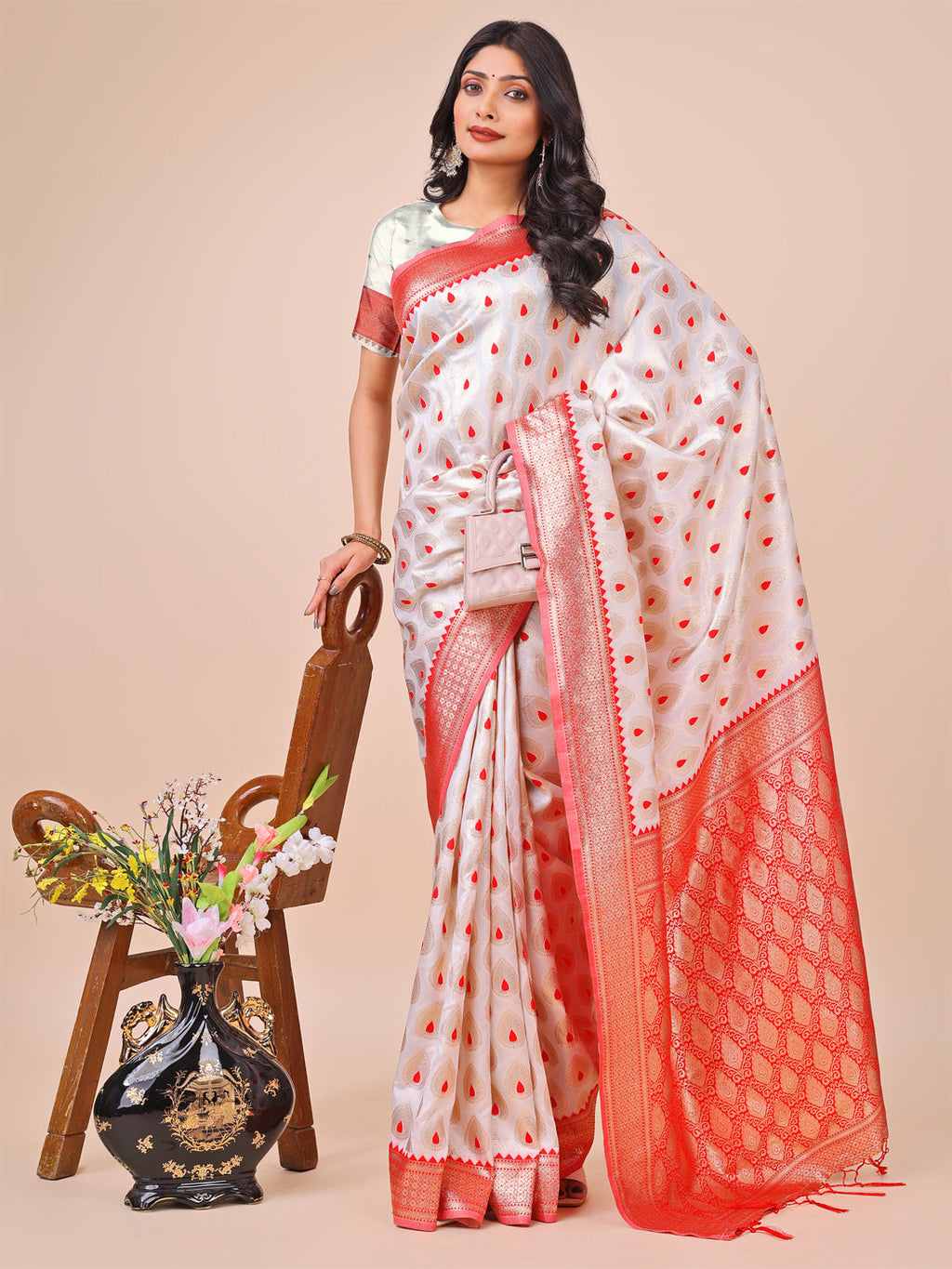 Shree Shyam Fashion Elegant Maroon Banarasi Cotton Saree with Zari Leaf Motifs and Rich Pallu - Traditional Indian Saree for Festive & Wedding Wear